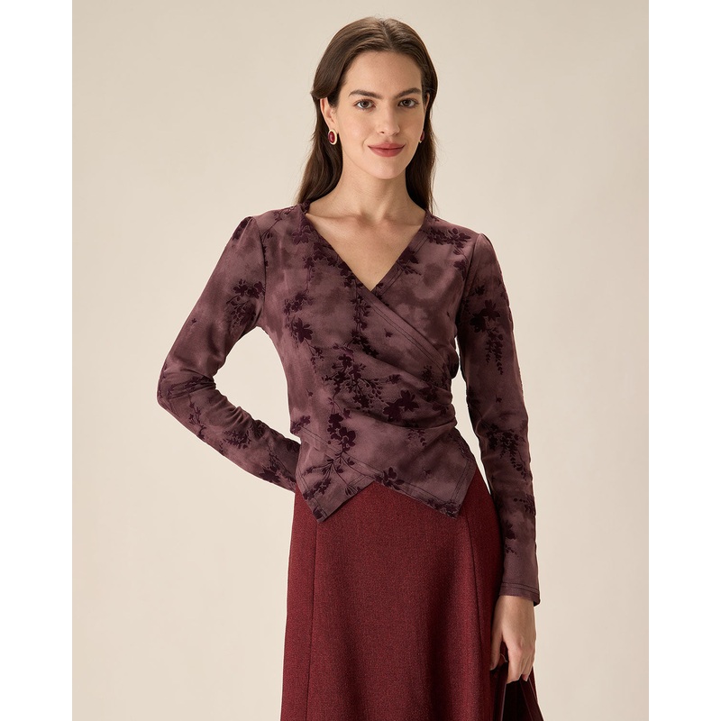 Purple Floral Ruched Wrap Tee