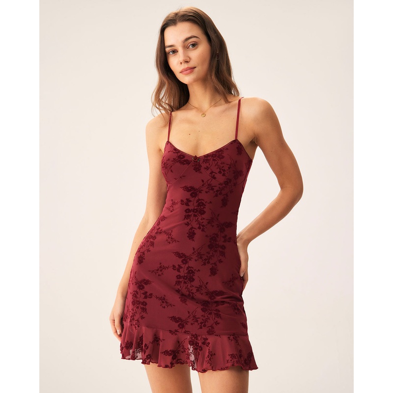 Red Floral Mesh Slip Mini Dress