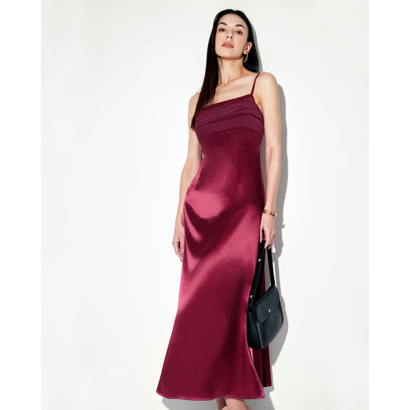 Red Satin Square Neck Slip Maxi Dress