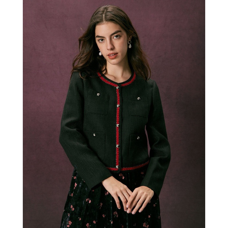 The Black Colorblock Button Tweed Jacket