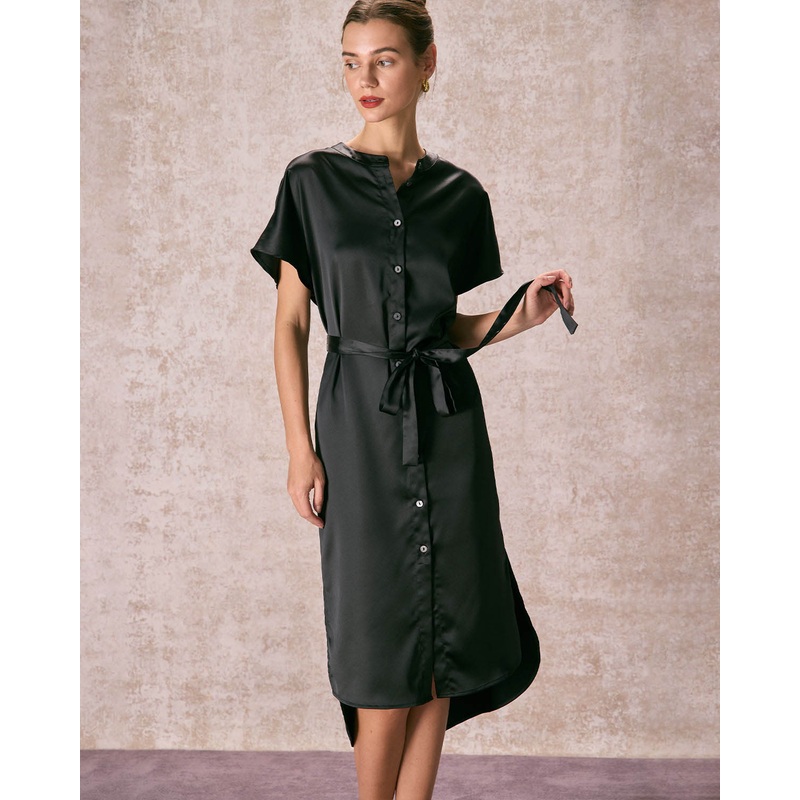 The Black Crew Neck Belted Satin Midi Dress