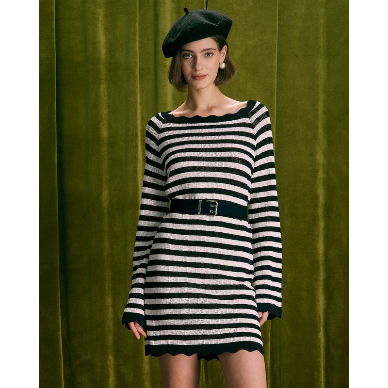 The Black Striped Flare Sleeve Mini Dress