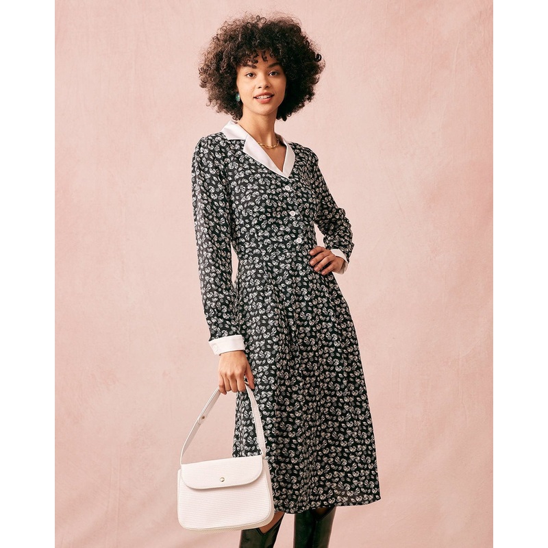 The Collared Patchwork Long Sleeve Midi Dress