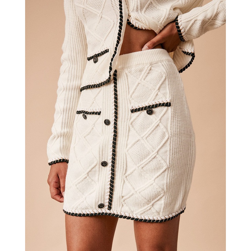 The High Waisted Contrast Trim Argyle Knit Skirt