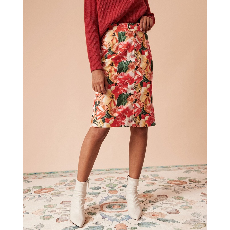 The High Waisted Corduroy Floral Skirt