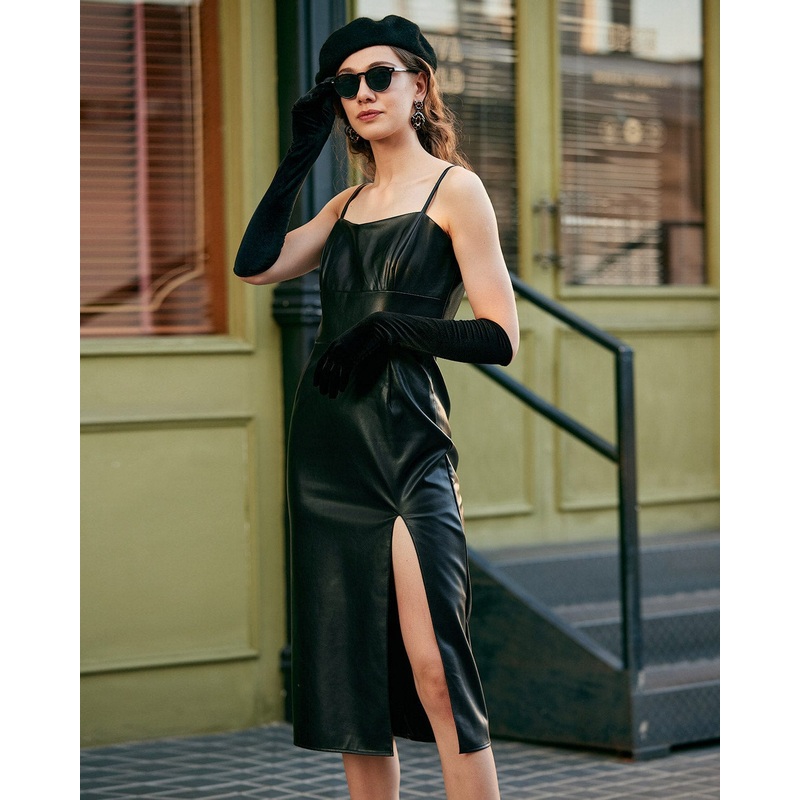 The Side Slit PU Leather Sling Midi dress