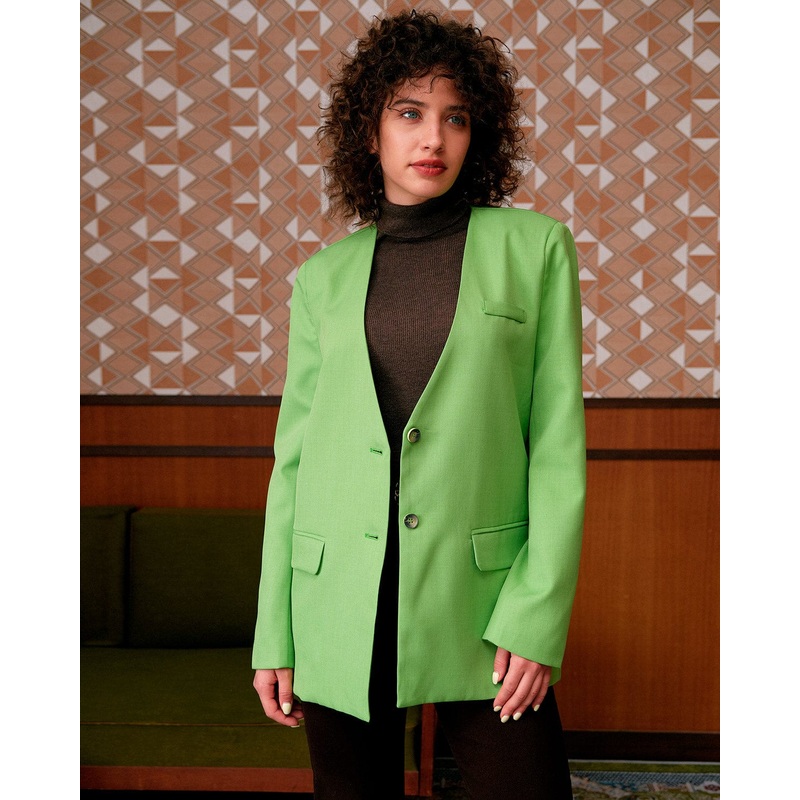 The Solid V Neck Button-up Blazer