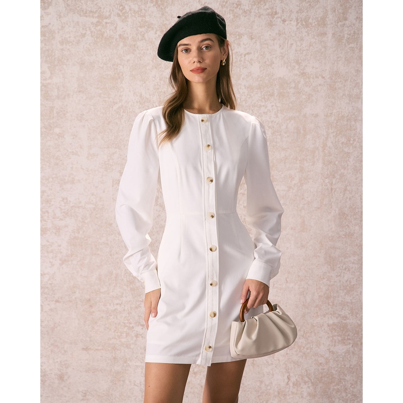 The White Round Neck Button Mini Dress