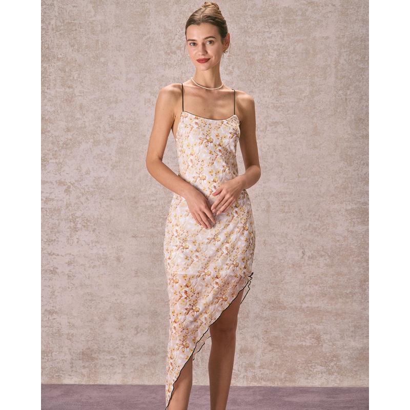 The Yellow Asymmetric Hem Floral Midi Dress