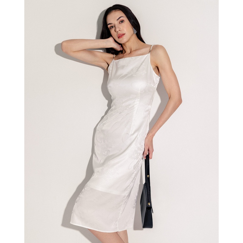 White Beaded Strap Slip Midi Dress