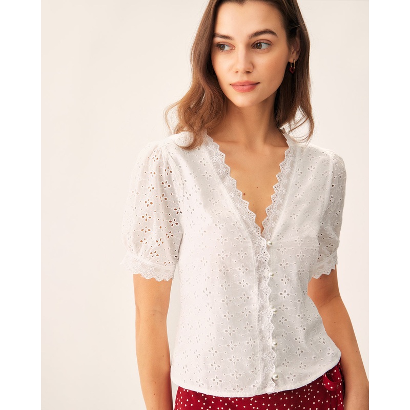 White Embroidery Puffed Sleeve Blouse