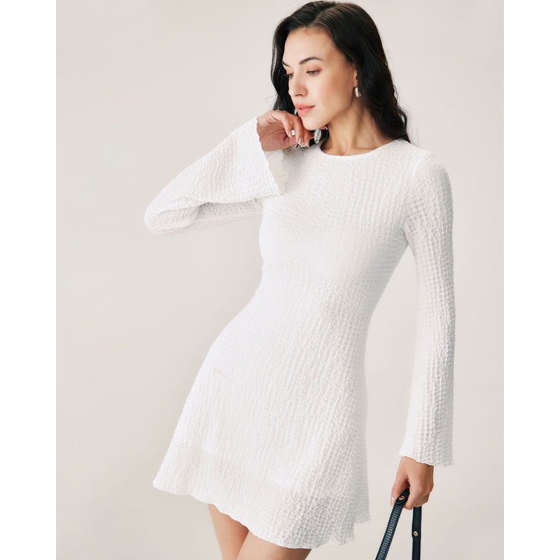 White Ruched Bell Sleeve Mini Dress