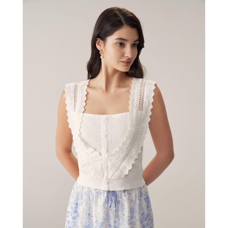 White Ruffle Embroidery Tank
