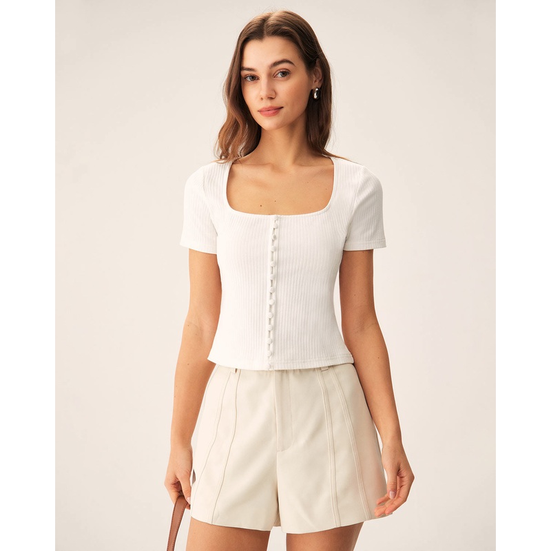 White Square Neck Ribbed Knit Tee