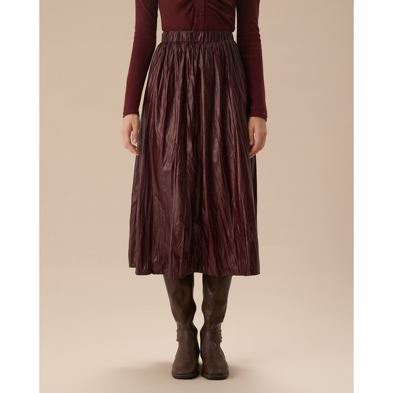 Wine Red Elastic Waist Ruched Midi Skirt