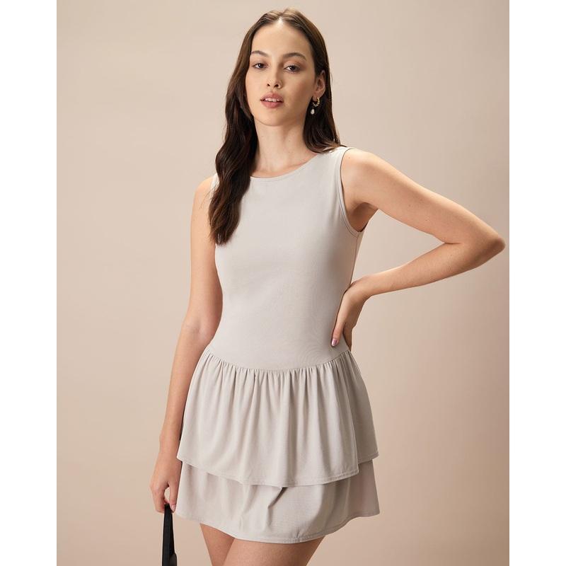 Women’s Grey Crew Neck Ruffle Tiered Cotton Mini Dress