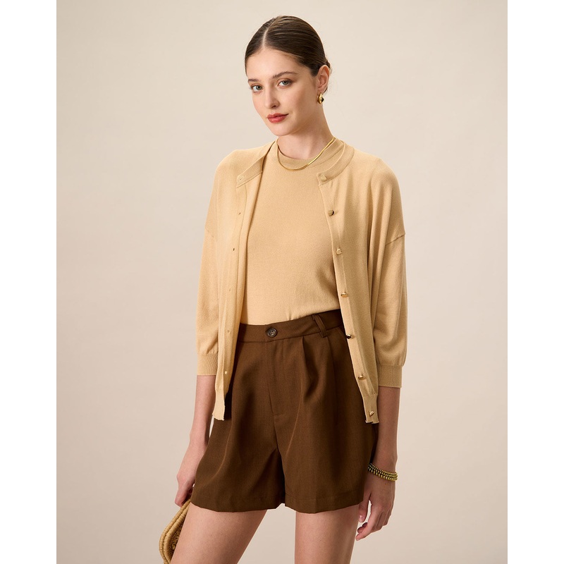 Women’s Khaki Crew Neck Ribbed Tencel Cardigan