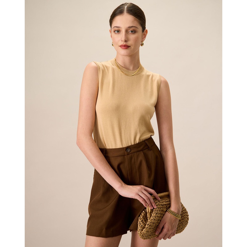 Women’s Khaki Crew Neck Ribbed Tencel Tanks