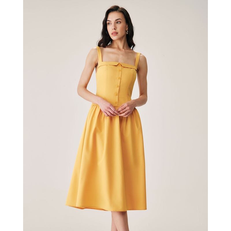 Yellow Button Pleated Slip Midi Dress