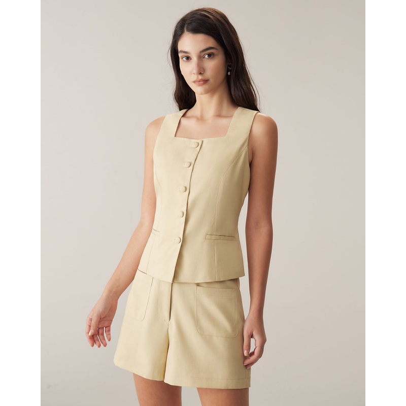 Yellow Square Neck Single Breasted Vest