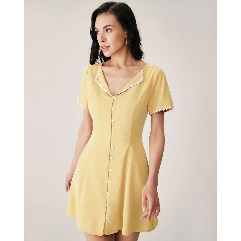 Yellow V-neck Button Mini Dress