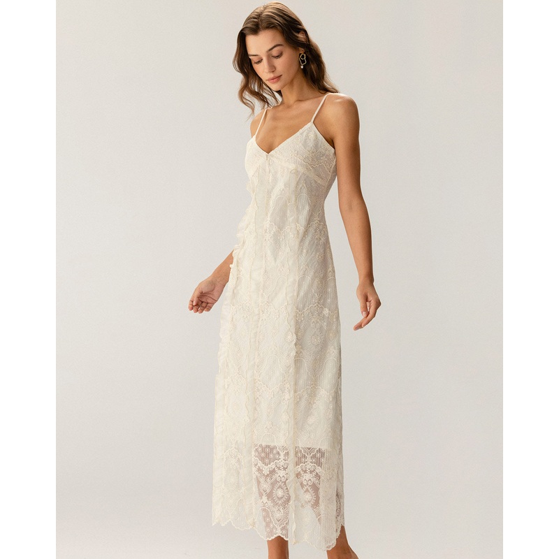 Apricot Textured Lace Slip Maxi Dresses