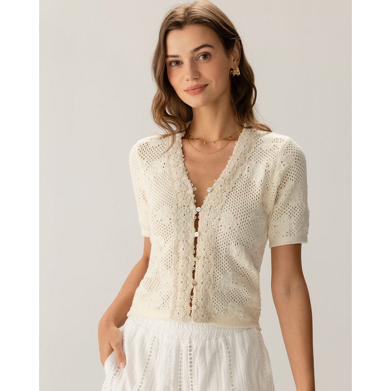 Beige Crochet Textured Cropped Cardigan