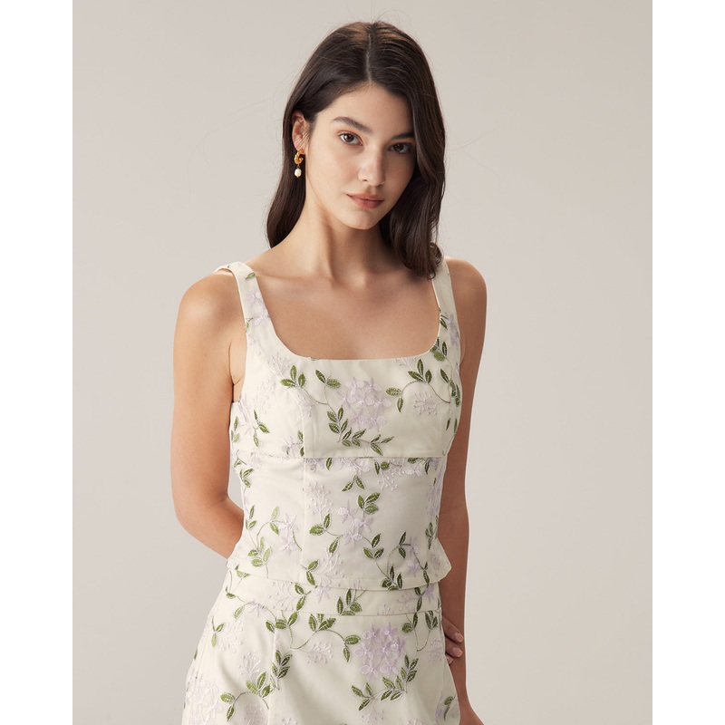Beige Floral Slim Tank Top