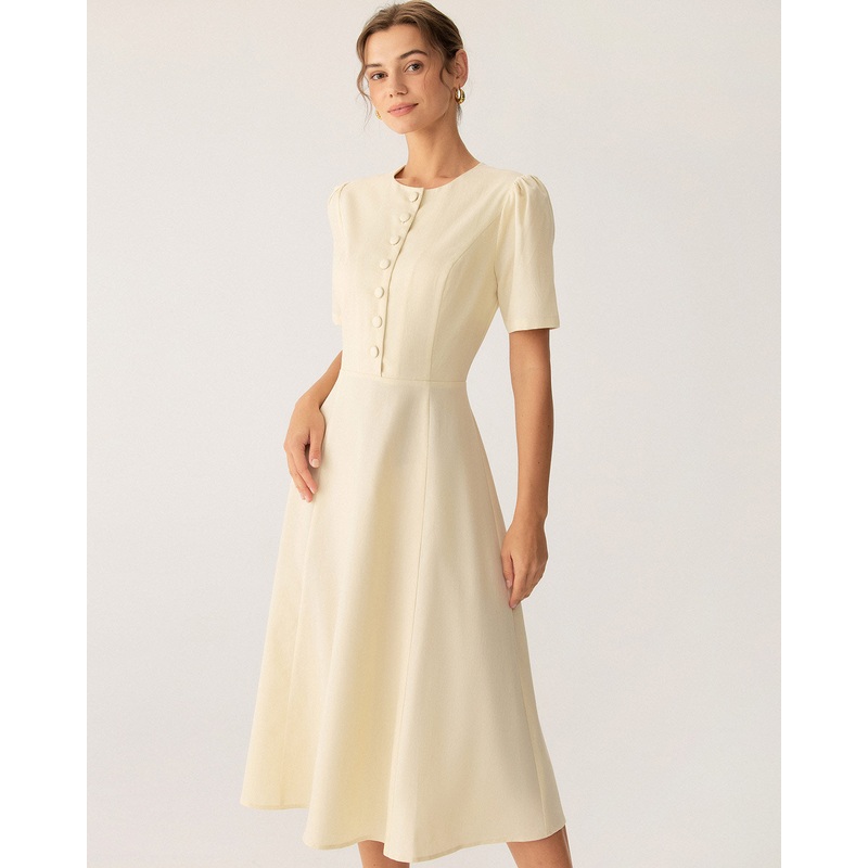 Beige Puffed Sleeve Button Midi Dress