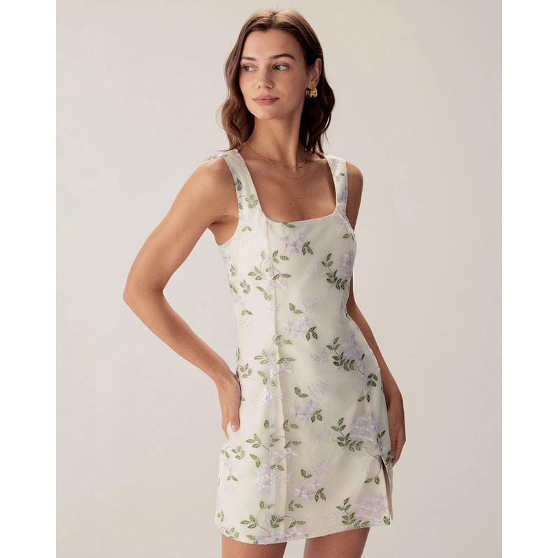 Beige Square Neck Embroidery Slit Slip Mini Dress