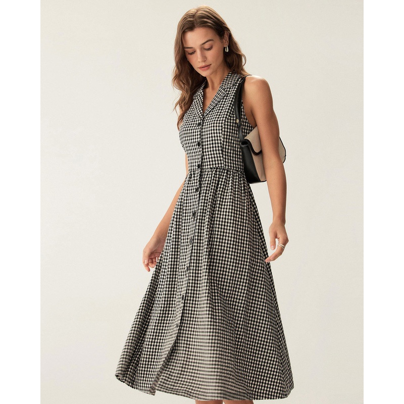Black Plaid Sleeveless Button Midi Dress