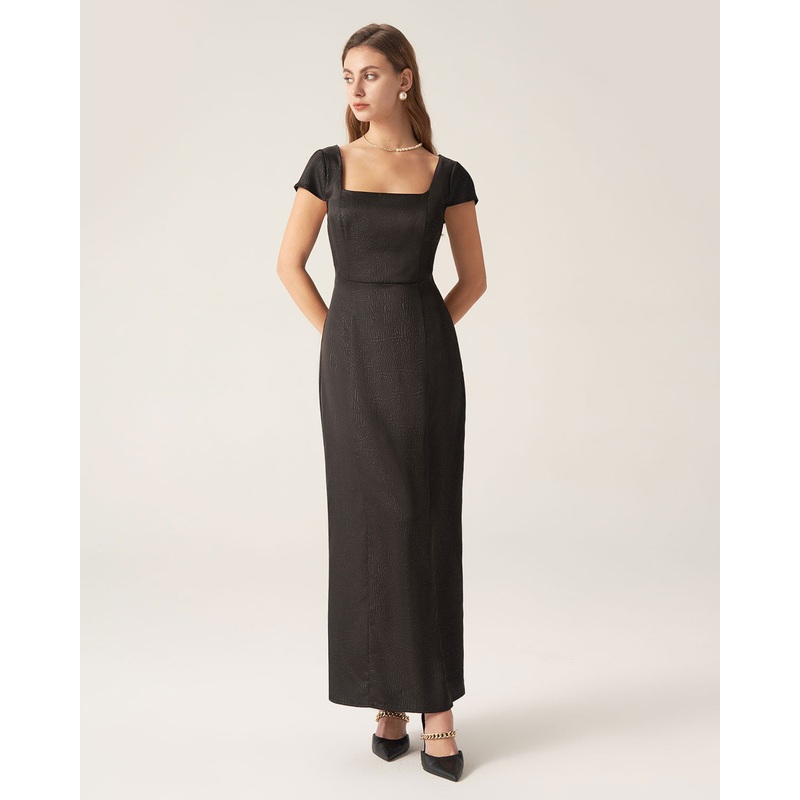 Black Square Neck Cap Sleeve Maxi Dress