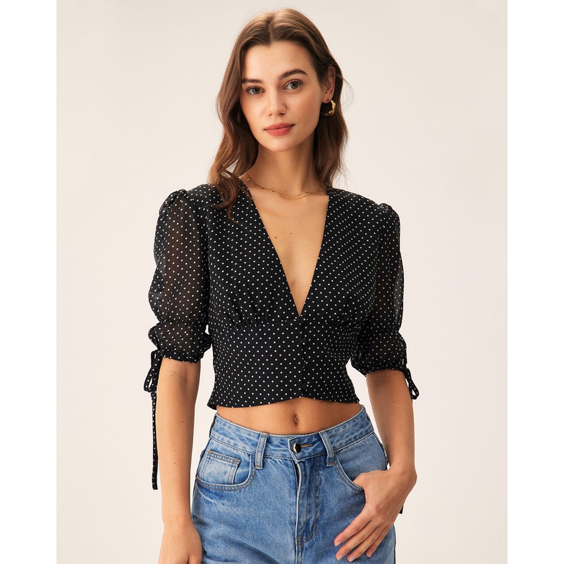 Black V-Neck Polka Dot Blouse