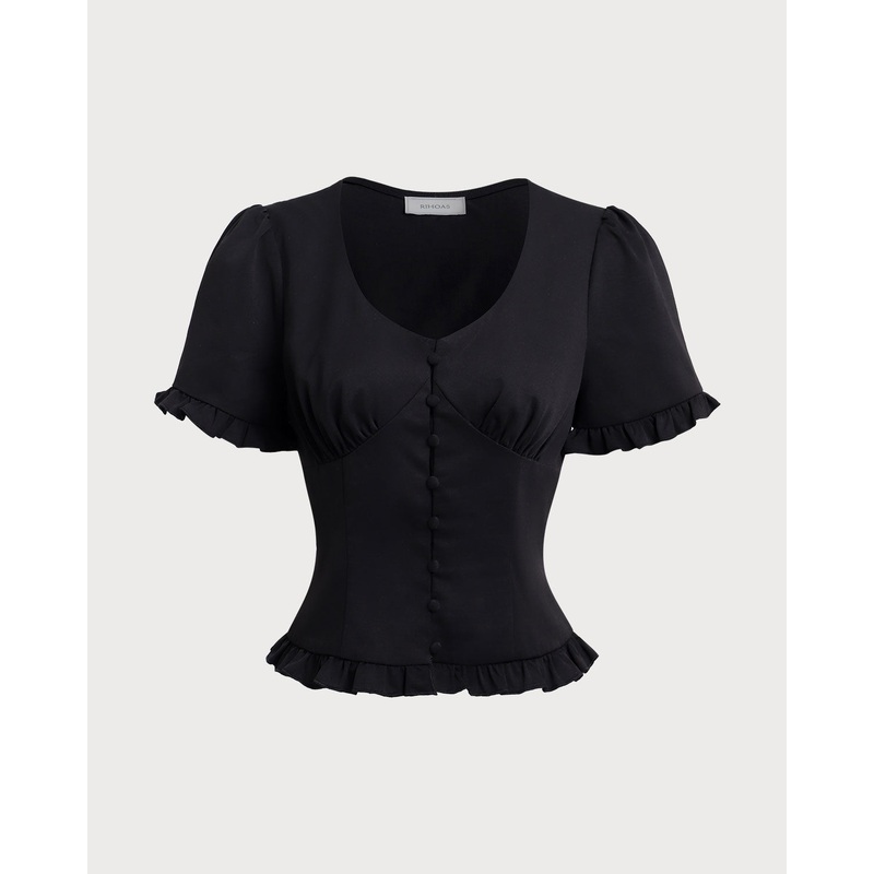 Black V-Neck Ruffle Puffed Sleeve Blouse
