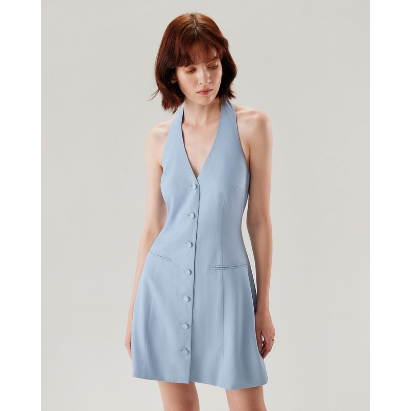 Blue Button Pocket Halter Mini Dress