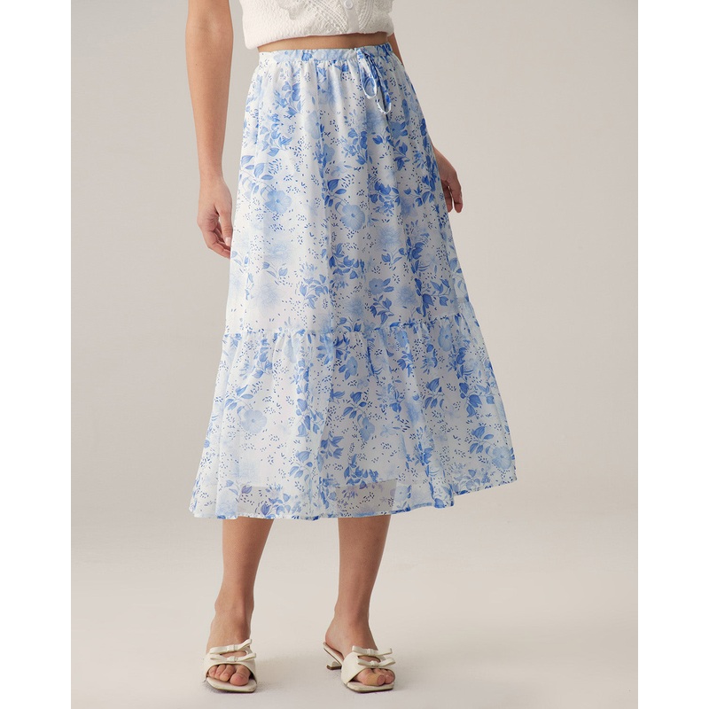 Blue Floral Flared Midi Skirt
