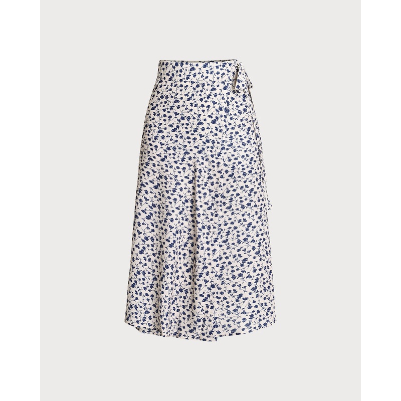 Blue Floral High-waisted Wrap Midi Skirt