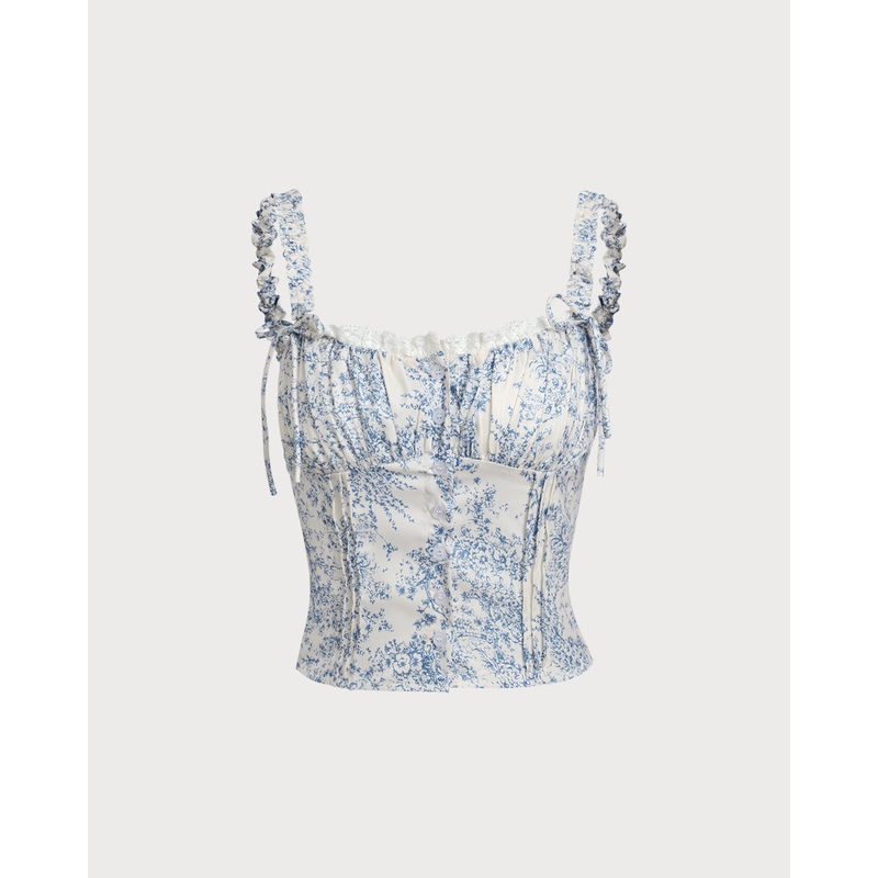 Blue Floral Ruched Cami Top