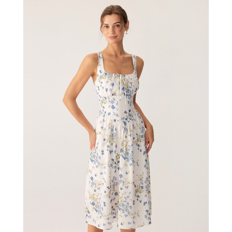 Blue Floral U Neck A-Line Midi Dress