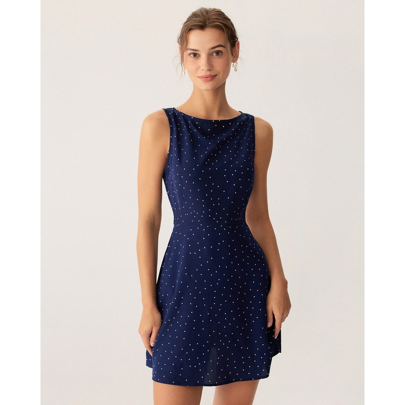 Blue Polka Dot Sleeveless Cut Out Mini Dress