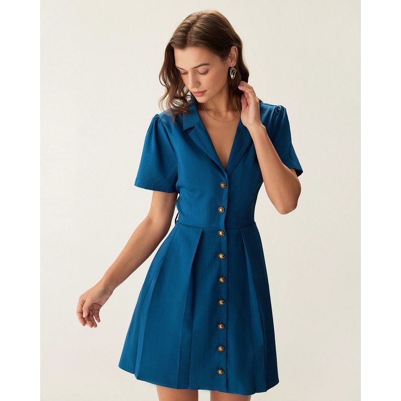 Blue Puffed Sleeve Button Mini Dress