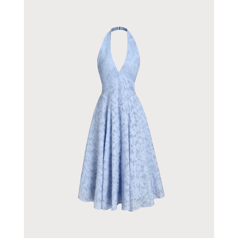 Blue Textured Backless Halter Midi Dress