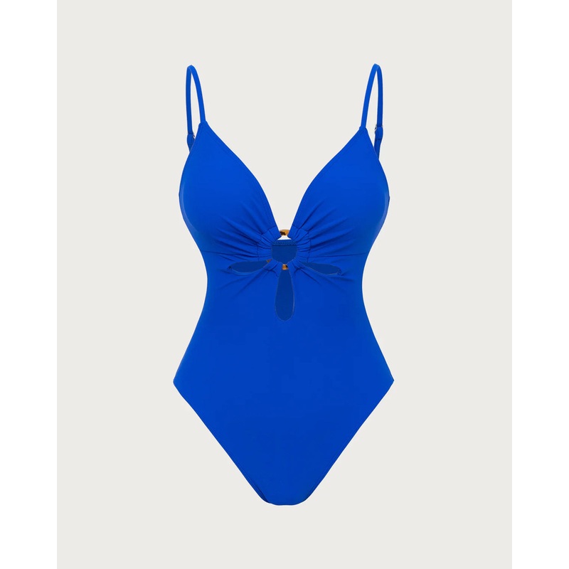 Blue V Neck O-Ring One-Piece Swimsuit