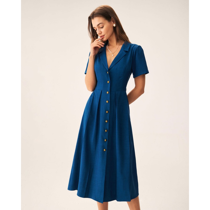 Blue V Neck Pleated Button Midi Dress