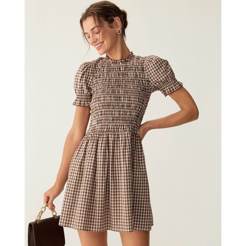 Coffee Plaid Puffed Sleeve Mini Dress