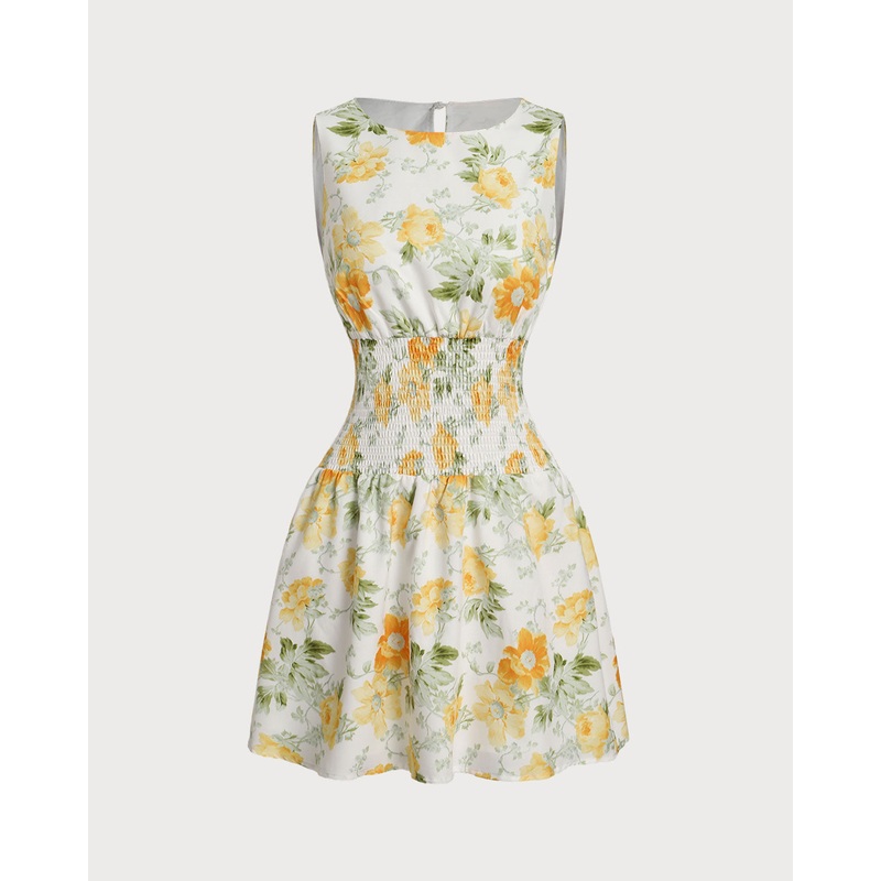 Green Floral Boat Neck Mini Dress
