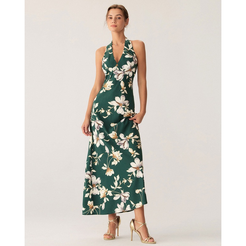 Green Floral Halter Maxi Dress