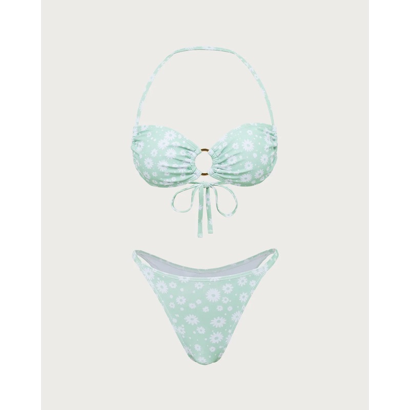 Green Floral O-Ring Halter Bikini Set