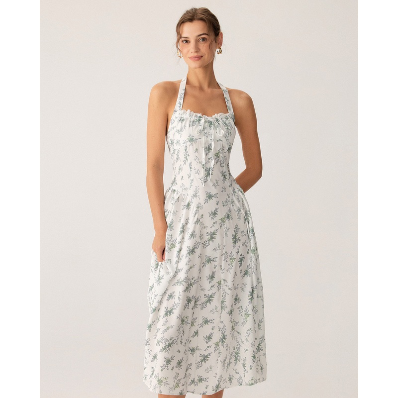 Green Floral Ruched Lace Halter Midi Dress