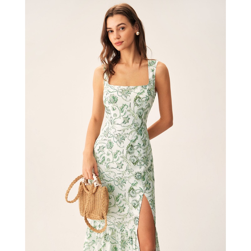Green Floral Square Neck Midi Dress
